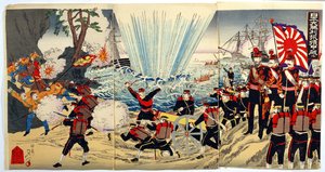 Przybrzeżne lądowanie sił japońskich na chińskich wybrzeżach, epizod z wojny chińsko-japońskiej, koniec XIX wieku (kolorowy drzeworyt) autorstwa Japanese School