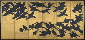 Wrony, początek XVII w. (Para ekranów o sześciu panelach; atrament i złoto włączone) papier) autorstwa Japanese School