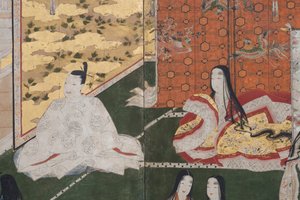 Fragment Wiosny w pałacu, sześciokrotny ekran z Opowieści Genji, ok. 1650 (tusz, farby i złoto na papierze) autorstwa Japanese School