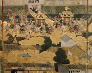 Szczegół widoku Kioto i okolic (Rakuchu rakugai zu), ok. 1616-24 (tusz, kolor i złoto płatkowe na papierze) autorstwa Japanese School