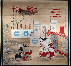 Cesarzowa Jingo Kogo i stary generał Takeshi Vchi No Sukune, trzymający syna cesarzowej Homuda - sztandar karpia symbolizuje syna cesarzowej autorstwa Japanese School