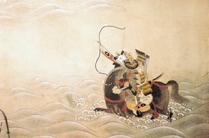 Odcinek wojny Genpei (Gen Pei) (1180-1185): samuraj uzbrojony w łuk i dosiadający konia przeprawia się przez rzekę z szybkością. Sztuka japońska szkoły Tosa
