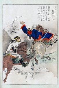 Walka konna między japońskim oficerem a Chińczykiem - grafika japońska, koniec XIX wieku autorstwa Japanese School