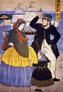 Europejska rodzina w porcie Jokohama namalowana przez japońskiego artystę w 1861 roku autorstwa Japanese School