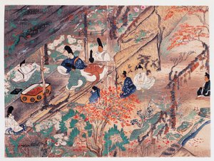 Heian mąż stanu i poeta Sugawara Michizane (845-903), znany jako Tenjin-San (niebiański duch), na wygnaniu w Kitano Tenman-Gu świątynia w Kioto dzieląca ubrania podarowane przez byłego cesarza Fujiwarę Nobuzane (1176-1268), Kamakura okres (1185-1333), Japo autorstwa Japanese School