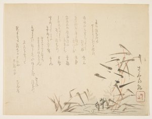 Czaple i trzciny (kolorowy drzeworyt) autorstwa Japanese School