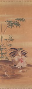 Japońskie kakemono przedstawiające koguta, kurę i pisklęta (tusz i złocenia na papierze) autorstwa Japanese School