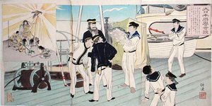 Japońscy żeglarze podziwiający maskotkę orła, epizod z wojny chińsko-japońskiej, koniec XIX wieku (kolorowy drzeworyt) autorstwa Japanese School