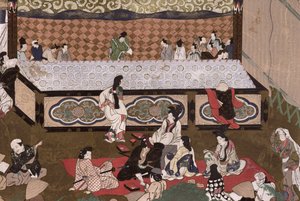 Teatr Kabuki na jarmarku w Kioto, ilustracja według XVII obrazu z „Kokki”, listopad 1924 (litografia kolorowa) autorstwa Japanese School