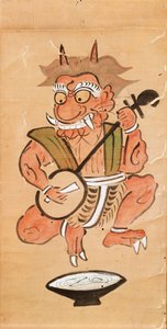 Kakemono przedstawiający diabła grającego na shamisen (atrament i kolor na zwoju papieru) autorstwa Japanese School