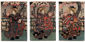 La courtisane Shigeoka de Okamoto-ya; La courtisane Sugatano de Sugataebi-ya; La courtisane Hanamurasaki de Tama-ya – Courtisans Shigeoka, Sugatano i Hanamurasaki. Tryptyk. Z serii The Beauties of the Yoshiwara – Anonymous – między 1848 a 1 autorstwa Japanese School