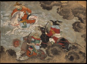 Konni żołnierze walczący z demonami, ilustracja z „Taishokkan” (tusz i kolor na papierze) autorstwa Japanese School
