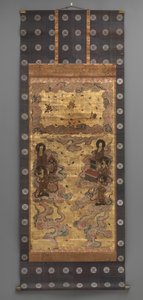 Malarstwo ścienne: Zejście dwudziestu pięciu bodhisattwowie (uczestnicy triady Amitabha), XVIII wiek (Tryptyk wiszące zwoje: tusz, kolor i złoto) listek na papierze, mosiądz) autorstwa Japanese School
