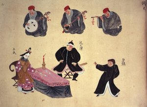 Or.961 fol.21 Muzycy i wykonawcy, z „Występy muzyczne Ryukyu”, x.1800-50 (welum) autorstwa Japanese School