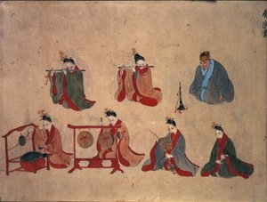 Or.961 fol.5 Siedmiu siedzących muzyków, z muzycznych występów Ryukyu, ok. 1800-50 (pióro i atrament oraz akwarela na papierze) autorstwa Japanese School