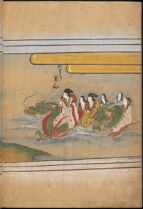 Ludzie dosiadający smoków, ilustracja z „Taishokkan” (tusz i kolor na papierze) autorstwa Japanese School