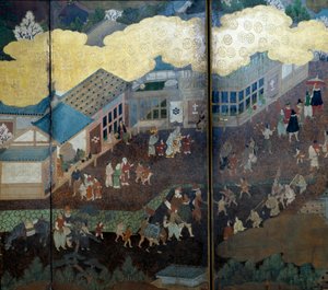Ekran „portugalski”: przedstawienie przybycia portugalskich misjonarzy jezuickich do Japonii w XVI wieku. Szczegół. Zrealizowany przez Szkołę Kano (?). 1593-1600. Lizbońskie Muzeum Sztuki Starożytnej autorstwa Japanese School