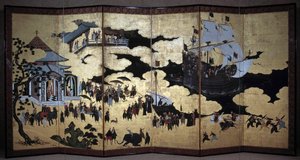 Ekran „portugalski” przedstawiający przybycie portugalskich misjonarzy jezuitów do Japonii w XVI wieku. 1590-1614. Szkoła Kano (?) Lizbona. Narodowe Muzeum Sztuki Starożytnej autorstwa Japanese School