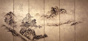 Recto: Krajobraz po Mi Fei, ok. 1810 r. (atrament na płatkach złota) autorstwa Japanese School