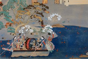 Łódź wiosłowa, ilustracja do Eiga Monogatari (Historia świetności), autorstwa Akazome Emon (ok. 956-1041). Japonia autorstwa Japanese School