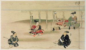 Samuraj Takezaki dostarcza głowy dwóch mongolskich najeźdźców Adachi Morinume podczas mongolskiej inwazji na Japonię w 1274 roku, ilustracja z magazynu Kokka, maj 1921 autorstwa Japanese School