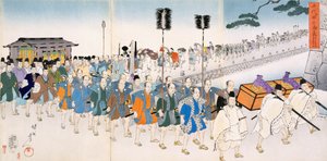 Samurai Warriors on the March (kolorowy drzeworyt) autorstwa Japanese School