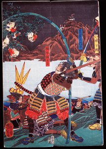 Samuraj pokazujący odcięte głowy swoich wrogów na bambusowych laskach, sewamono (zabawa domowa) autorstwa Japanese School
