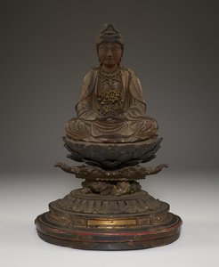 Siedzący Miroku Bosatsu (polichromowane drewno z kryształem, metalem i złotem płatkowym) autorstwa Japanese School