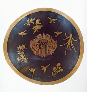 Tarcza przedstawiająca łożyska herbowe Constantijna Ransta, dla Holenderskiej Kompanii Wschodnioindyjskiej, wykonana w Bengalu i Lakierowana w Japonii, ok. 1668 (lakierowana skóra) autorstwa Japanese School