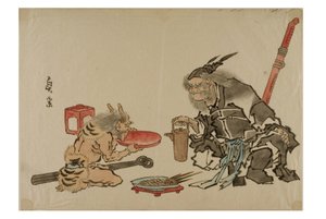 Shoki służąca sake demonowi, ok. 1895-1905 (tusz na papierze) autorstwa Japanese School