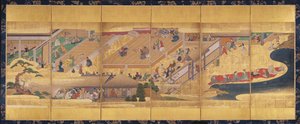 Sześciokrotny parawan z Noh Play Funa-Benkei, ok. 1660 r. (kolor, gofun, atrament i złoto na papierze) autorstwa Japanese School