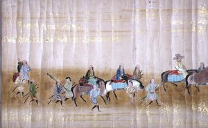 Szósta ambasada Korei w Japonii w Meireki 1 w czasie sukcesji Tokugawy Ietsuna w 1651, prawdopodobnie przez Kano Masunobu (1625-94) (malowanie przewijane) (szczegóły) (patrz także 120832) autorstwa Japanese School