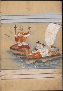 Żołnierz i posłowie w łodzi, ilustracja z „Taishokkan” (tusz i kolor na papierze) autorstwa Japanese School