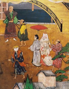 Przybycie Portugalczyków do Japonii, fragment sceny ulicznej z ekranu Namban Byobu, 1594-1618 autorstwa Japanese School
