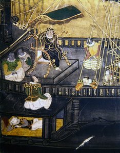 Przybycie Portugalczyków do Japonii, szczegół przedstawiający mężczyzn w centralnej części statku, z ekranu Namban Byobu, 1594-1618 autorstwa Japanese School