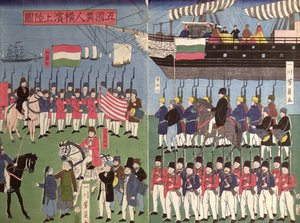 Przybycie szwadronu komandora Perry do japońskiego portu w 1853 r. (kolorowy drzeworyt) autorstwa Japanese School