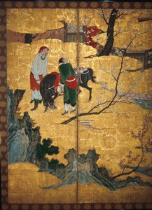 Wizyta Dworu Czterech Mędrców z Góry Shang; Su Shis Wizyta w Jaskini Wiatru i Wody, fragment pary składanych parawanów z sześcioma panelami, okres Momoyama (toaleta i złoto na papierze) autorstwa Japanese School