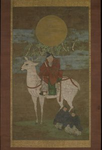 Wyjazd z Kashimy (Bóstwa Kasuga out), koniec XIV wieku (Wiszący zwój: atrament, kolor i złoto na jedwabiu) autorstwa Japanese School