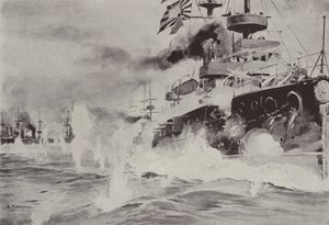 Mikasa dzielnie walczący z rosyjską eskadrą u wybrzeży Port Arthur 10 sierpnia (lito) autorstwa Japanese School
