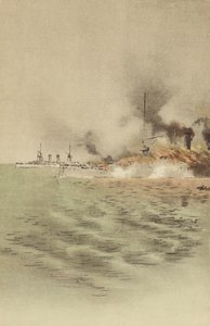Varyag podpalony przez własną załogę, aby zapobiec schwytaniu w Chemulpo (chromolitho) autorstwa Japanese School
