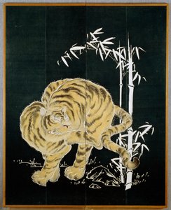 Tygrys i bambus, motyw na dwudrzwiowym bawełnianym ekranie (byobu), skrobia ryżowa i indygo zanurzone w pigmentach, cywilizacja japońska, okres Meiji-Taisho autorstwa Japanese School