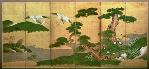 Dwa żurawie nurkujące za sosnami i skałami, okres Edo autorstwa Japanese School