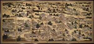 Widoki Kioto i okolic (Rakuchu rakugai zu), ok. 1616-24 (tusz, kolor i złoto płatkowe na papierze) autorstwa Japanese School