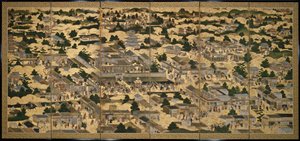 Widoki Kioto i okolic (Rakuchu rakugai zu), ok. 1616-24 (tusz, kolor i złoto płatkowe na papierze) autorstwa Japanese School