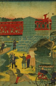 Scena wiejska w Japonii przedstawiająca ludzi zaangażowanych w różne działania, ok. 1870 r autorstwa Japanese School