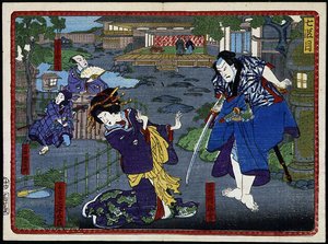 Kobieta w kimonie i samurajach - w „Zemście 47 roninów” XIX wiek: Seria Kabuki autorstwa Japanese School