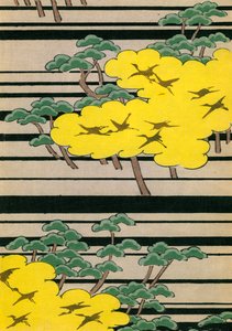 Żółte i zielone drzewa z żurawiami autorstwa Japanese School