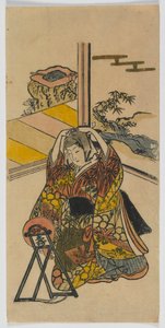 Młoda kobieta klęcząca przy lustrze, epoka Edo, lata 20. XVIII w. (kolorowy drzeworyt) autorstwa Japanese School