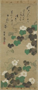 Winorośle Yugao i wiersz, Wiszący zwój (zamontowany na desce), XVIII-XIX w. (kolor na papierze) autorstwa Japanese School