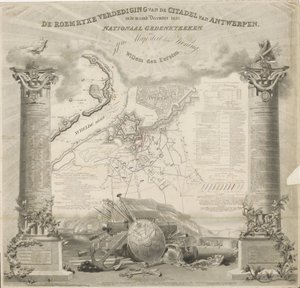 Obrona Cytadeli w Antwerpii Roemryke w grudniu 1832 r. Pomnik narodowy ku czci Jego Królewskiej Mości Willema den Eerste (tytuł na obiekcie) autorstwa Ja.s Wyld